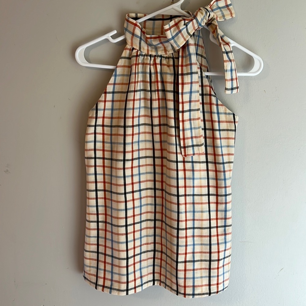 Gretchen Scott Tie Neck Top Shirt Flannel, Multi colored plaid Sleeveless Small
